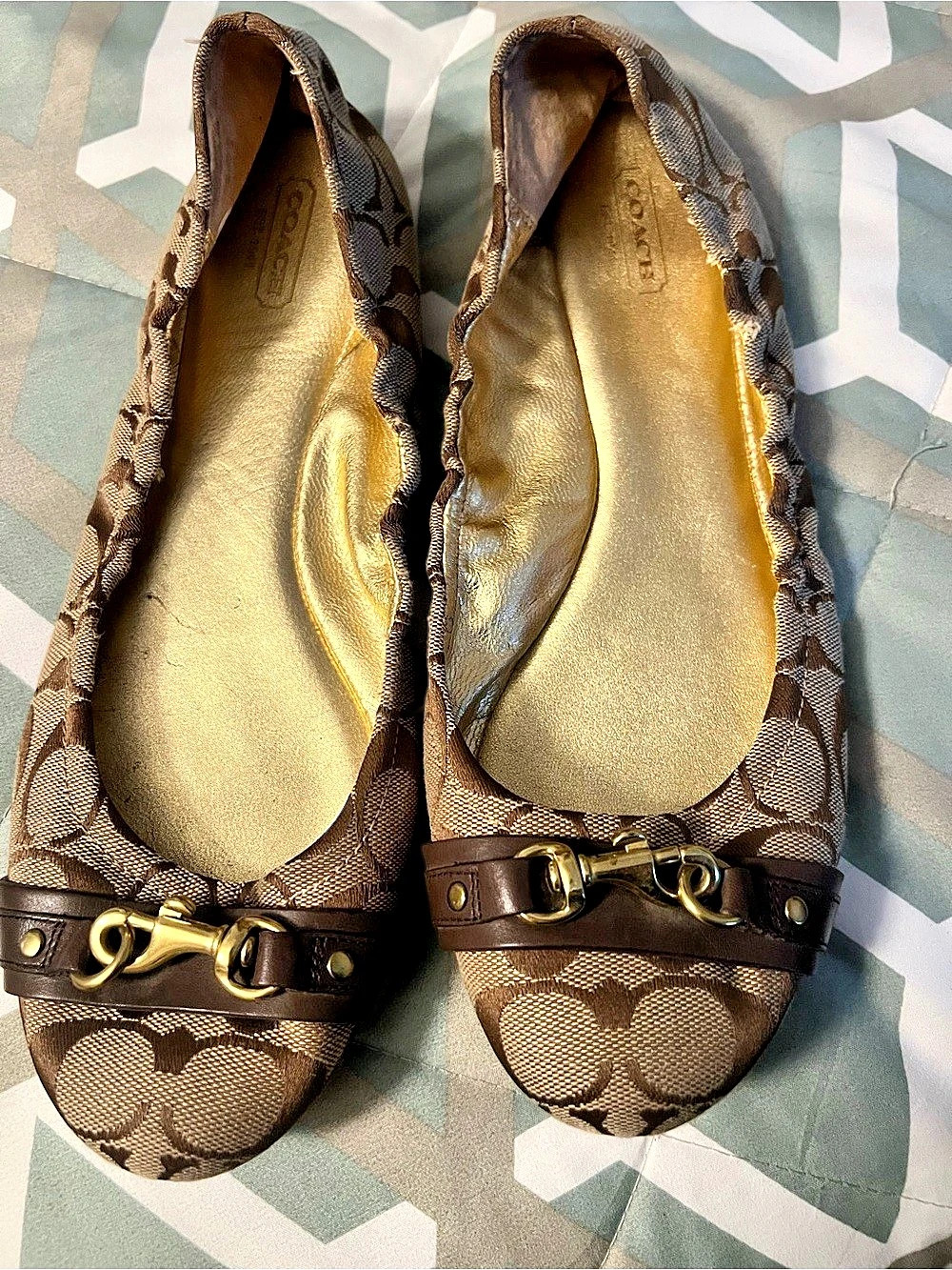 Coach Signature Jacquard Ballet Flats Brown/Beige Slip On Logo Buckle Size 11B